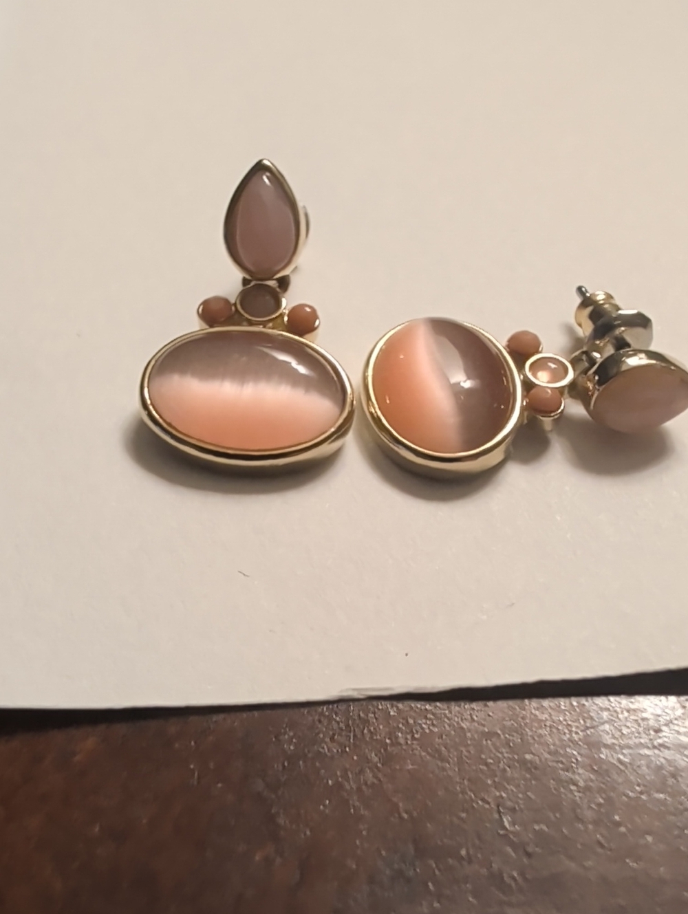 Pink peach Earrings stones oval round gold tone 10k GF post unsigned feminine